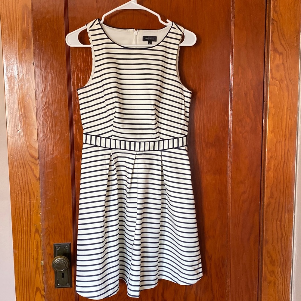 The Limited white and blue striped size 2 pleated A-line dress with pockets
